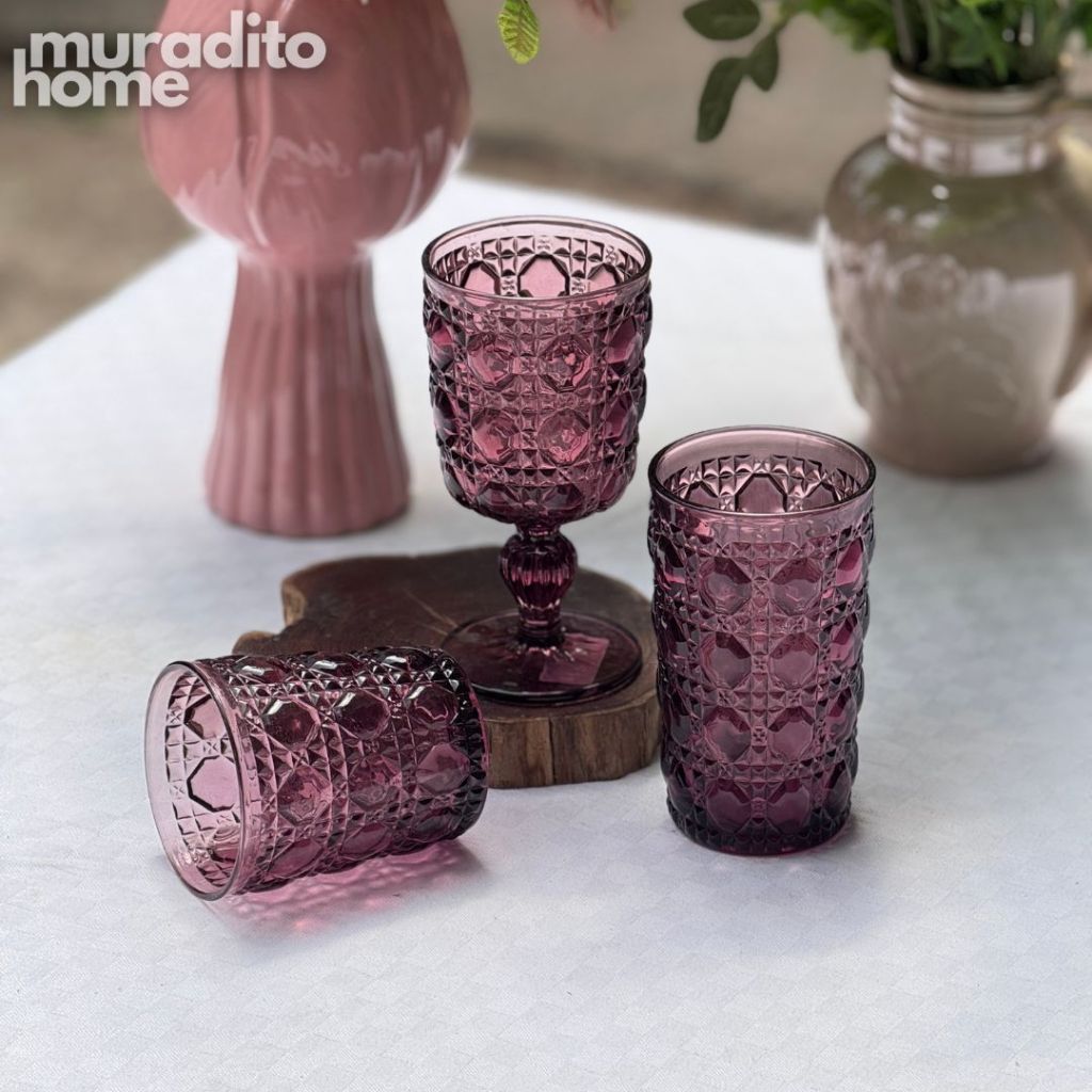 Muraditohome Zurina Plum Glassware Collection | Premium Vintage Jewel Geometric Purple Glass