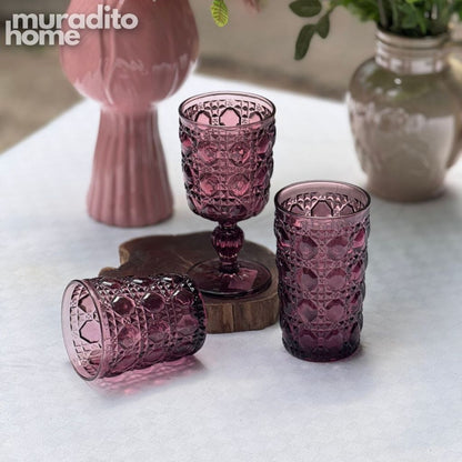 Muraditohome Zurina Plum Glassware Collection | Premium Vintage Jewel Geometric Purple Glass