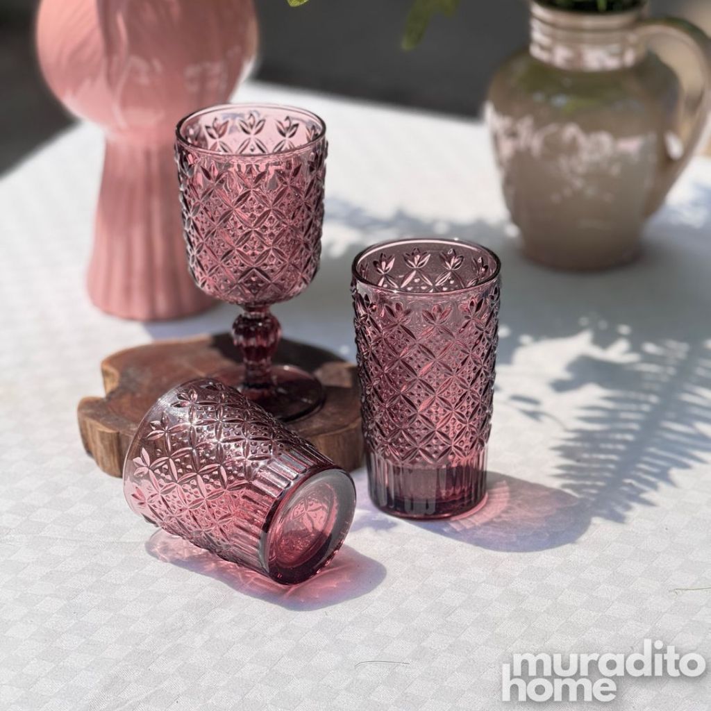 Muraditohome Jinora Plum Glassware Collection | Premium Vintage Embossed Floral Purple Glass
