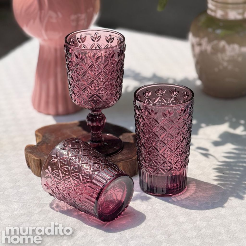 Muraditohome Jinora Plum Glassware Collection | Premium Vintage Embossed Floral Purple Glass