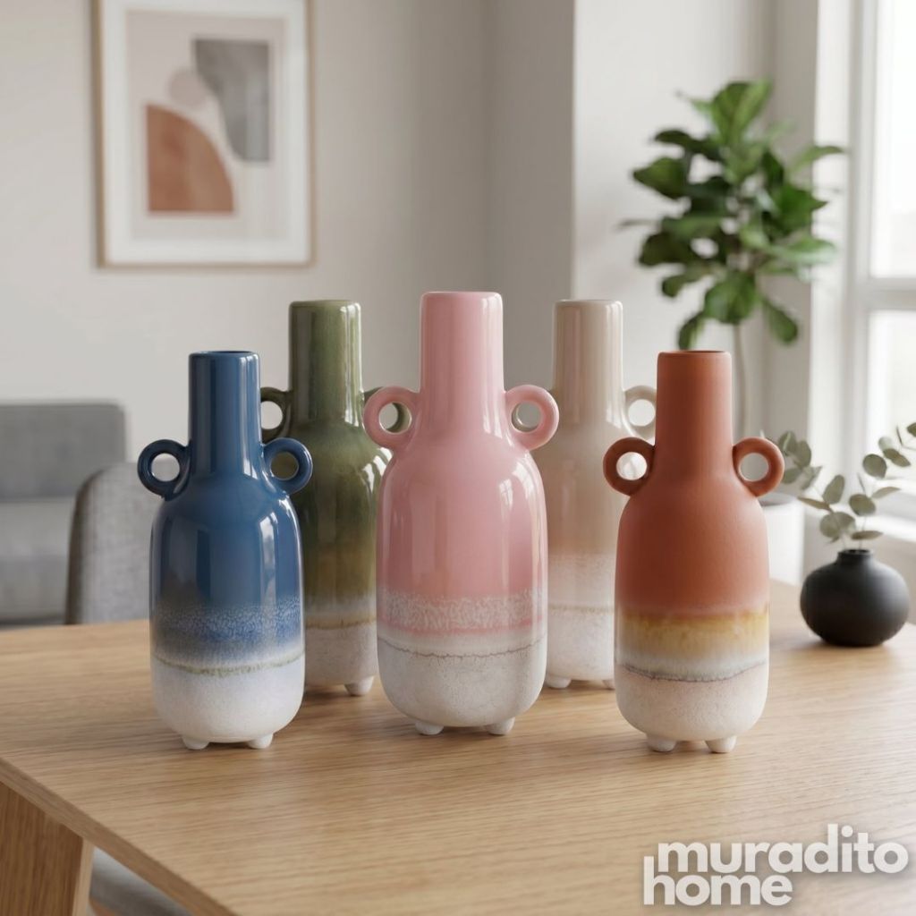 Muraditohome Aesthetic Ombre Ceramic Vase | Modern Boho Two-Handled Flower Vase Home Decor 4x9 inch