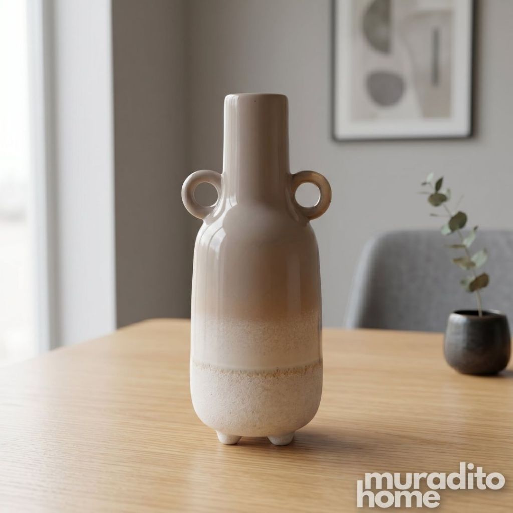 Muraditohome Aesthetic Ombre Ceramic Vase | Modern Boho Two-Handled Flower Vase Home Decor 4x9 inch