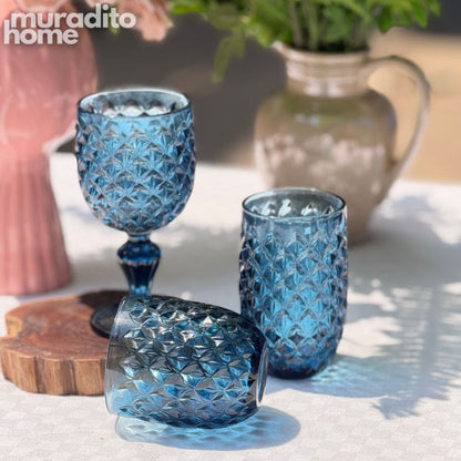 Muraditohome Neytiri Blue Glassware Collection | Premium Vintage Embossed Ocean Blue Glass