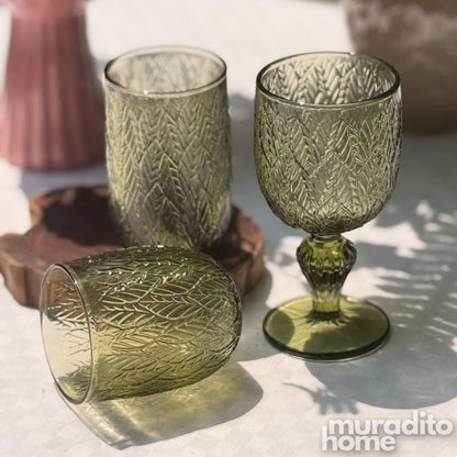 Muraditohome Katara Moss Glassware Collection | Premium Vintage Embossed Green Botanical Glass