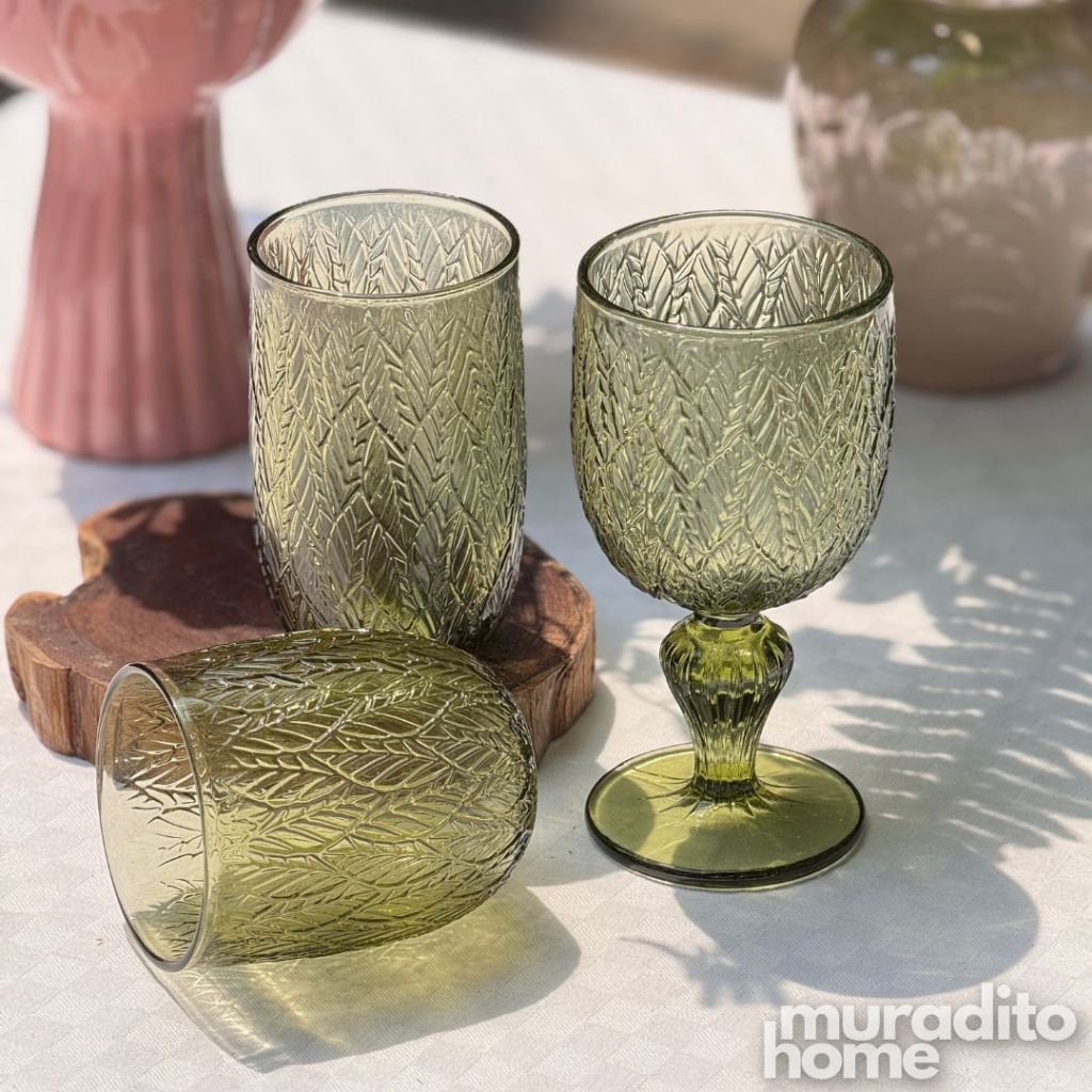 Muraditohome Katara Moss Glassware Collection | Premium Vintage Embossed Green Botanical Glass