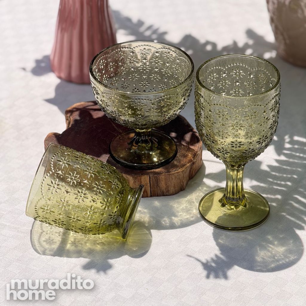 Muraditohome Iroh Moss Glassware Collection | Premium Vintage Embossed Floral Green Glass