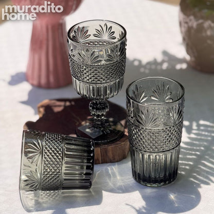 Muraditohome Dorian Ash Glassware Collection | Premium Vintage Multi-Textured Smoke Grey Glass