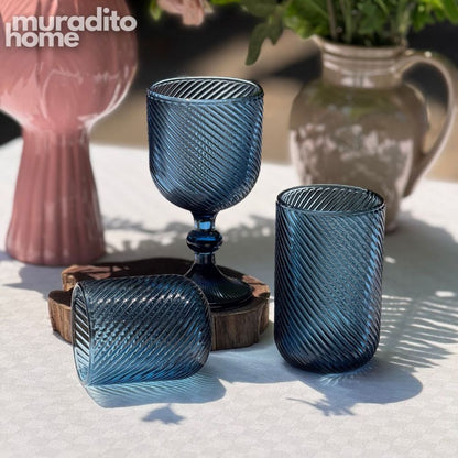 Muraditohome Venita Blue Glassware Collection | Premium Vintage Diagonal Swirl Ocean Blue Glass