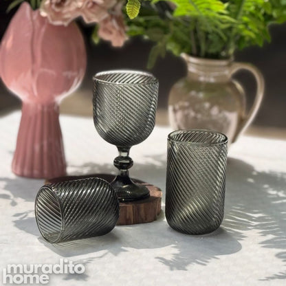 Muraditohome Venita Ash Glassware Collection | Premium Vintage Diagonal Swirl Smoke Grey Glass