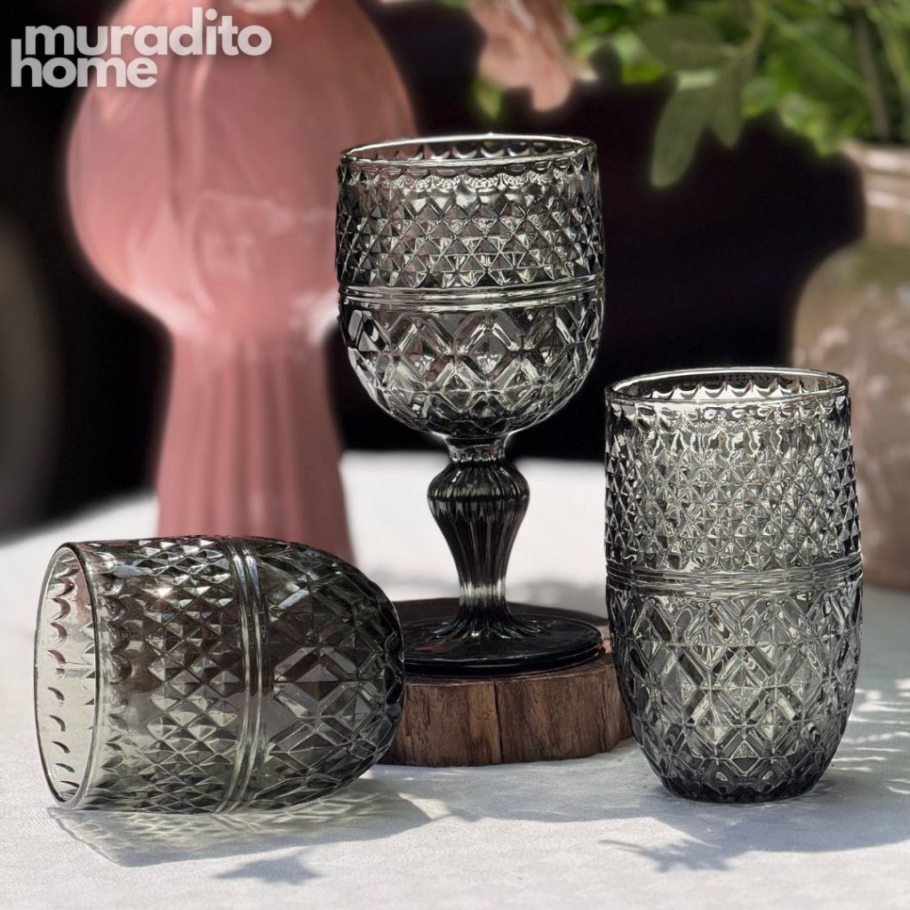 Muraditohome Kuyin Ash Glassware Collection | Premium Vintage Embossed Diamond Smoke Grey Glass