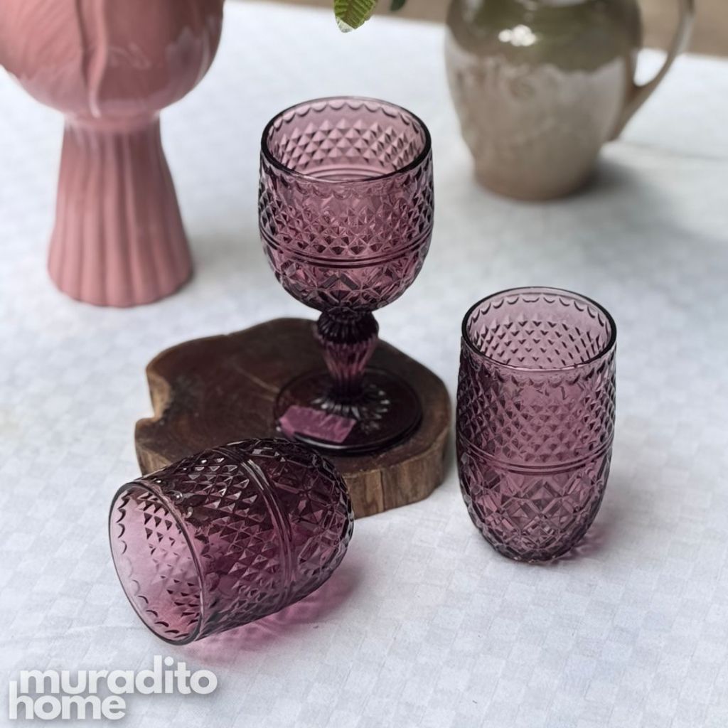 Muraditohome Kuyin Plum Glassware Collection | Premium Vintage Embossed Diamond Purple Glass