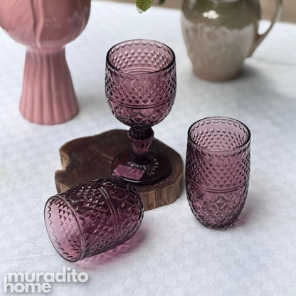 Muraditohome Kuyin Plum Glassware Collection | Premium Vintage Embossed Diamond Purple Glass