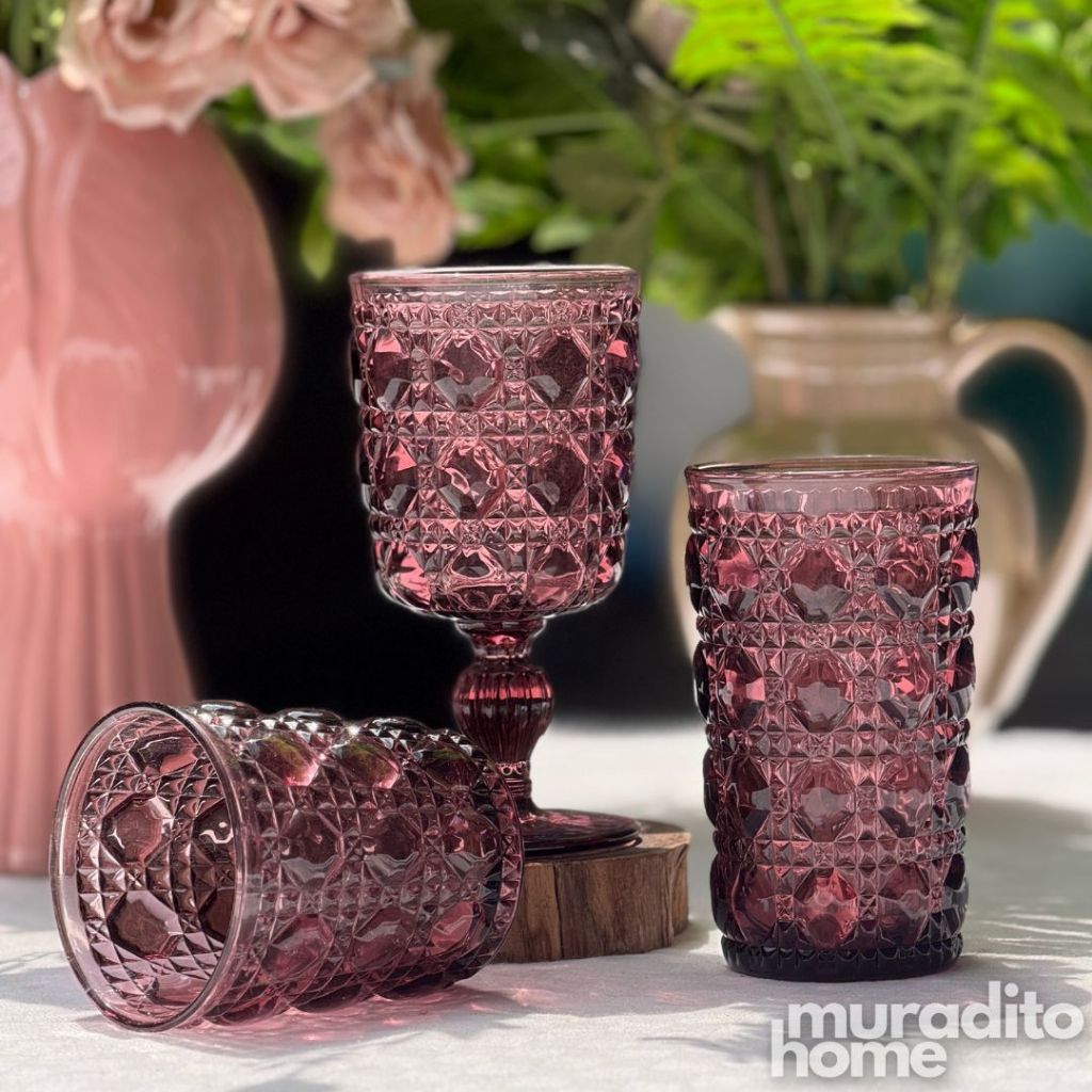 Muraditohome Zurina Plum Glassware Collection | Premium Vintage Jewel Geometric Purple Glass