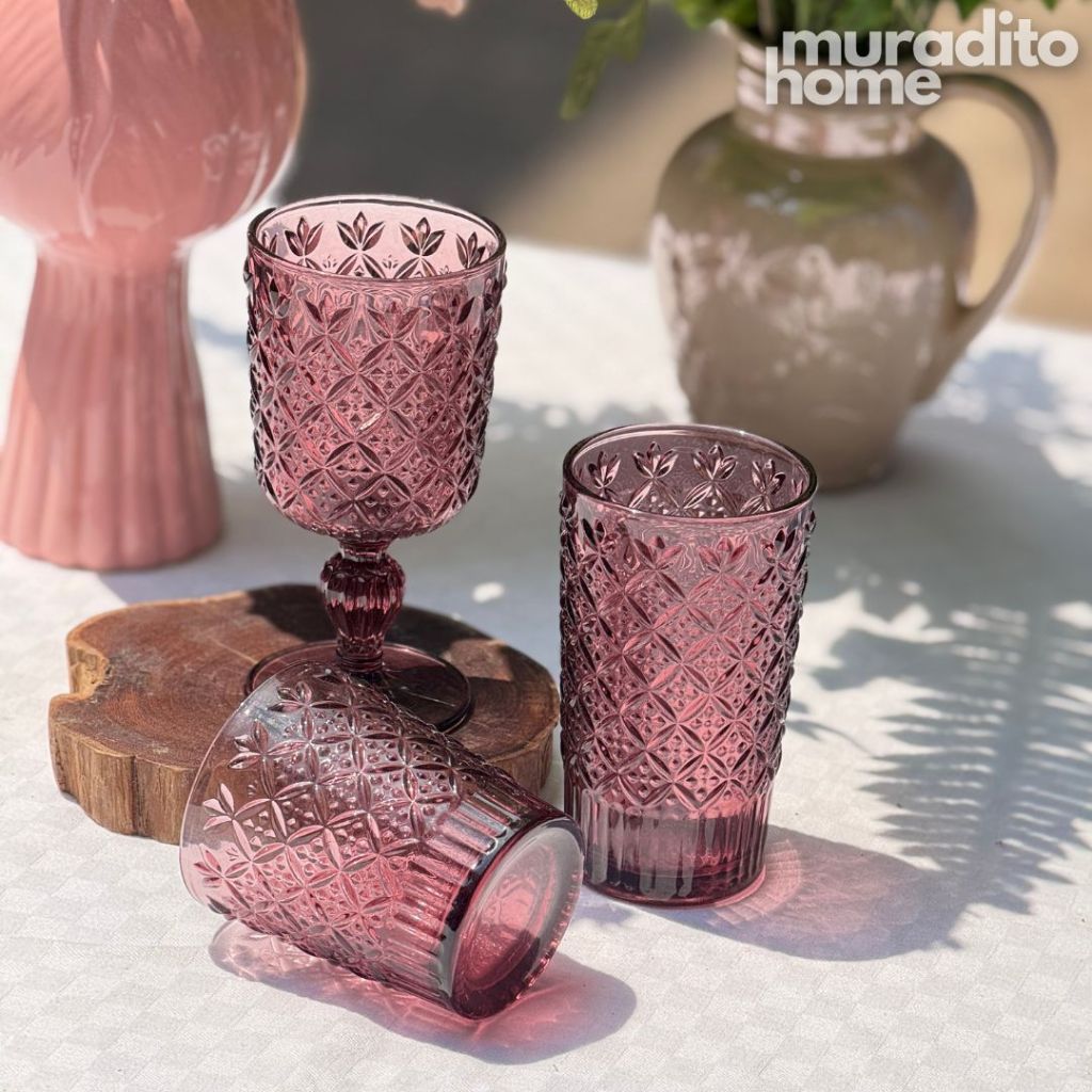 Muraditohome Jinora Plum Glassware Collection | Premium Vintage Embossed Floral Purple Glass