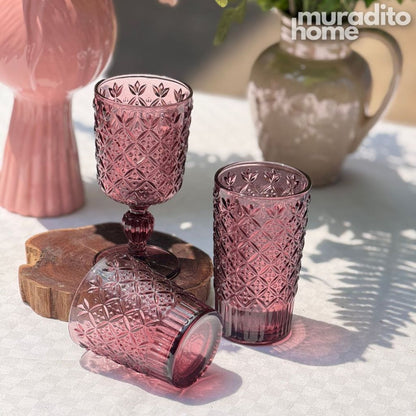 Muraditohome Jinora Plum Glassware Collection | Premium Vintage Embossed Floral Purple Glass