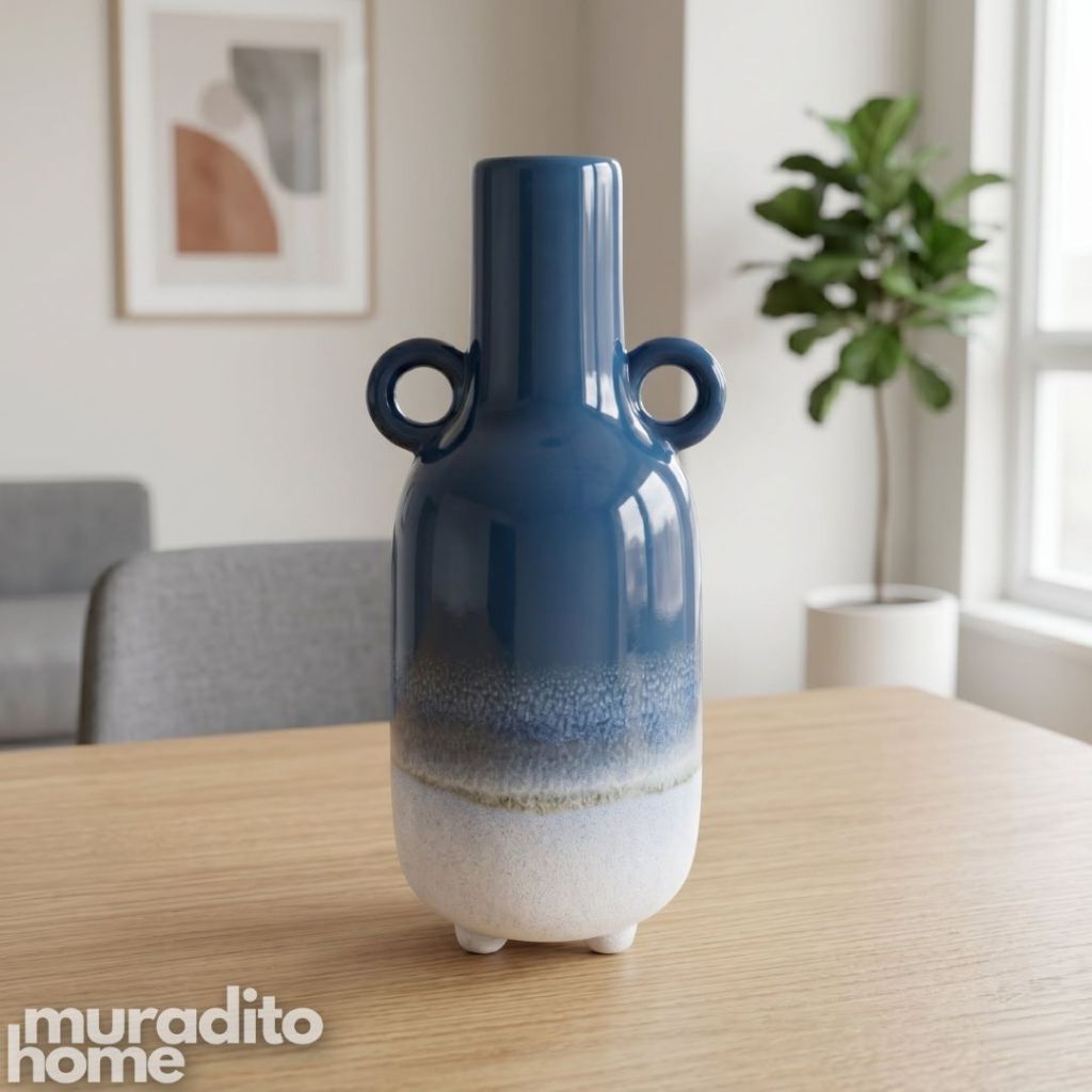 Muraditohome Aesthetic Ombre Ceramic Vase | Modern Boho Two-Handled Flower Vase Home Decor 4x9 inch