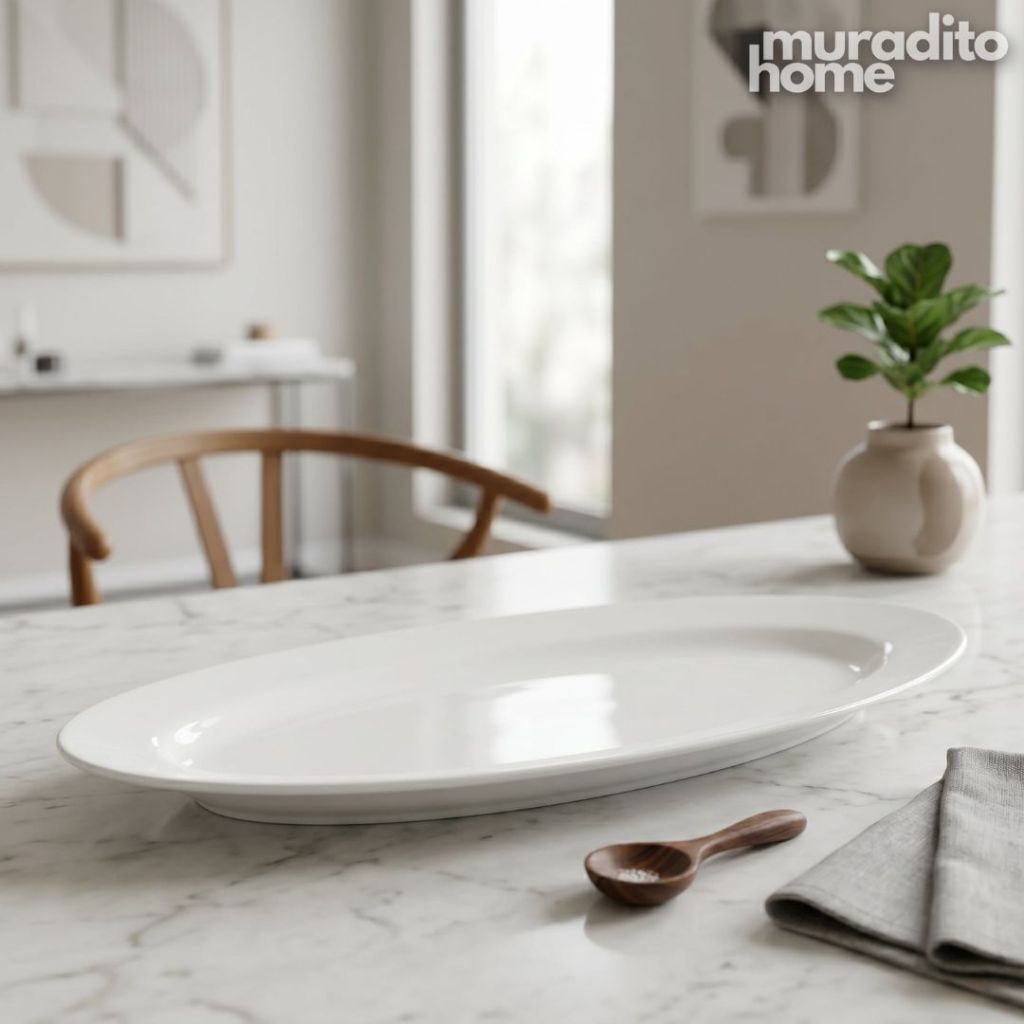 Muraditohome Premium Pure White Ceramic Oval & Wide Oval Serving Platter Elegant Dish Plate
