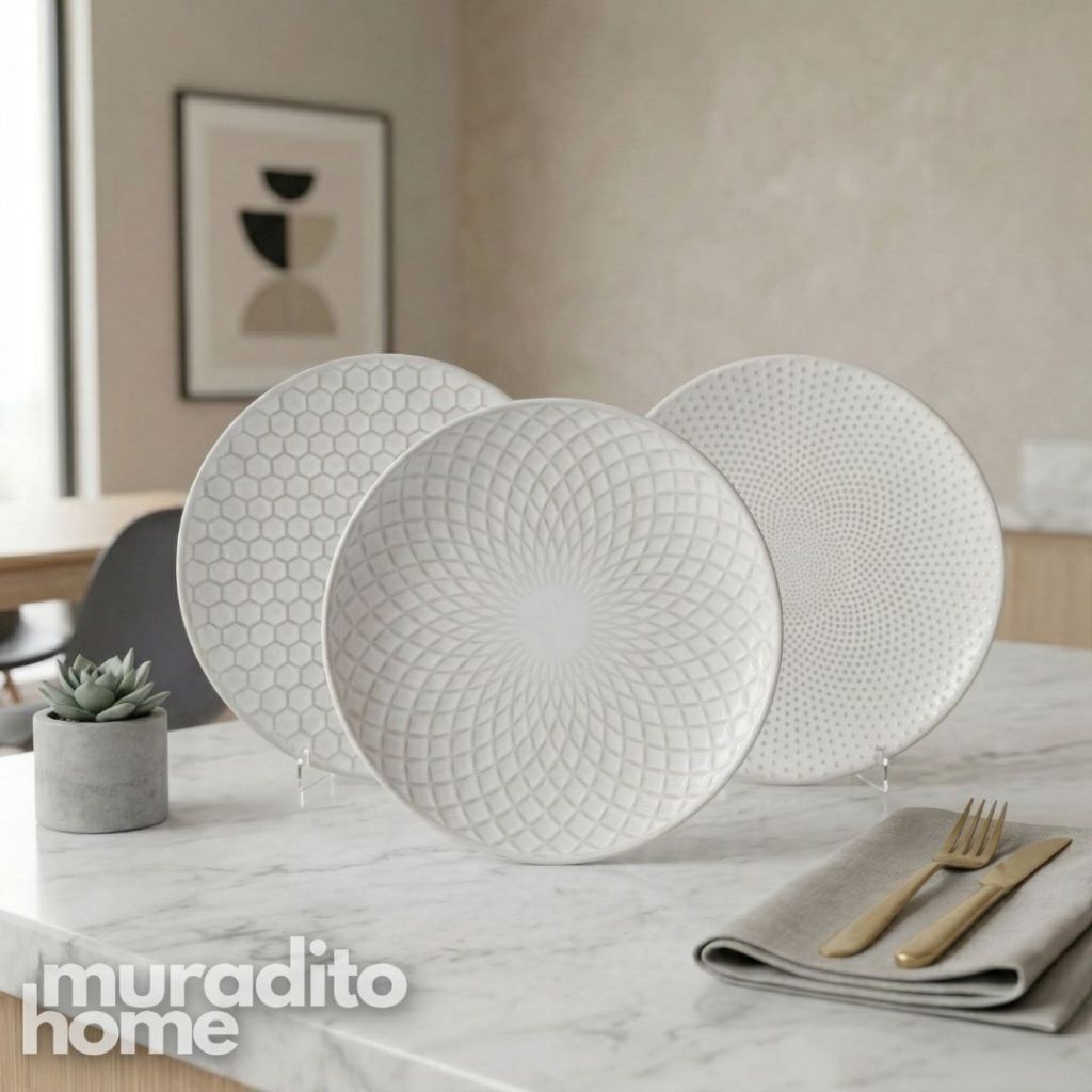 Muraditohome Aesthetic Embossed White Ceramic Dinnerware Collection