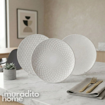 Muraditohome Aesthetic Embossed White Ceramic Dinnerware Collection
