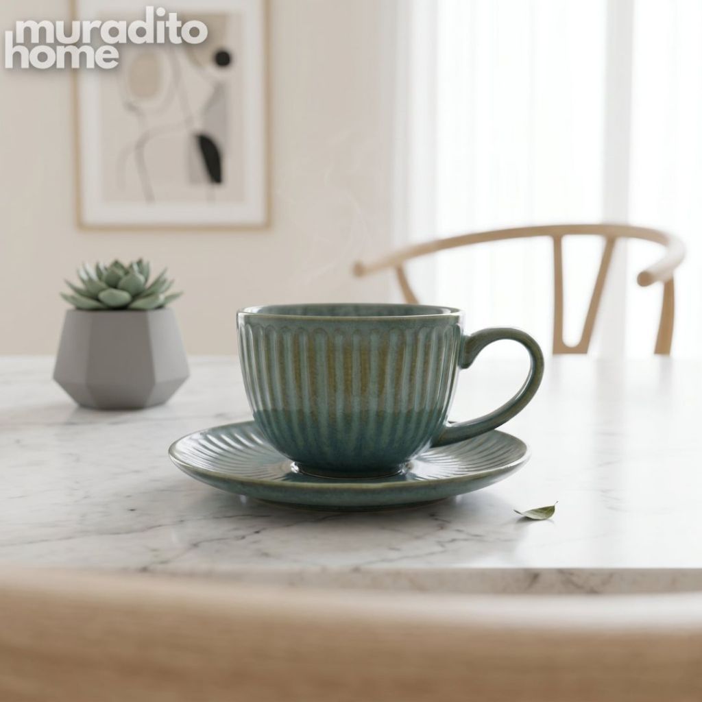 Muraditohome Fabinda Ribbed Ceramic Coffee Set 120 ml Classic European Style Espresso Teacup