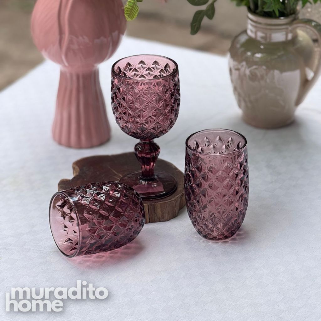 Muraditohome Neytiri Plum Glassware Collection | Premium Vintage Embossed Purple Glass