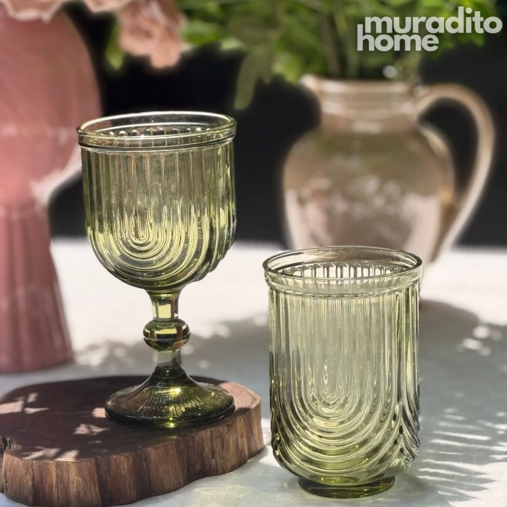Muraditohome Kayina Retro Green Glassware Collection | Premium Vintage Ribbed Art Deco Glass