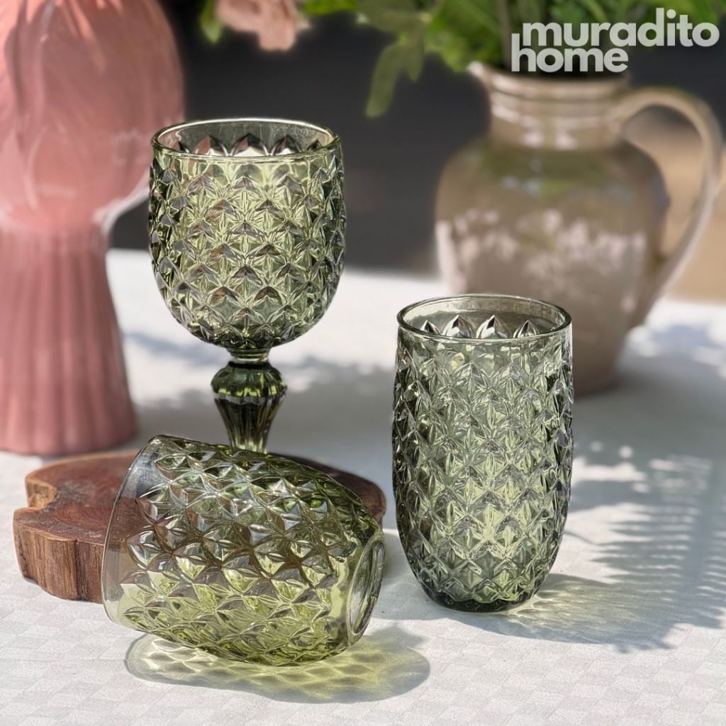 Muraditohome Neytiri Moss Glassware Collection | Premium Vintage Embossed Green Glass