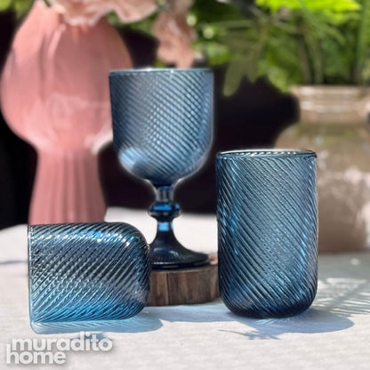 Muraditohome Venita Blue Glassware Collection | Premium Vintage Diagonal Swirl Ocean Blue Glass