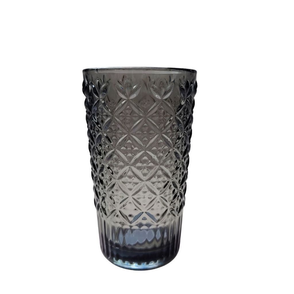 Muraditohome Jinora Ash Glassware Collection | Premium Vintage Embossed Floral Smoke Grey Glass