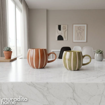 Muraditohome Aesthetic Chubby Ceramic Striped Ribbed Mug 490 ml