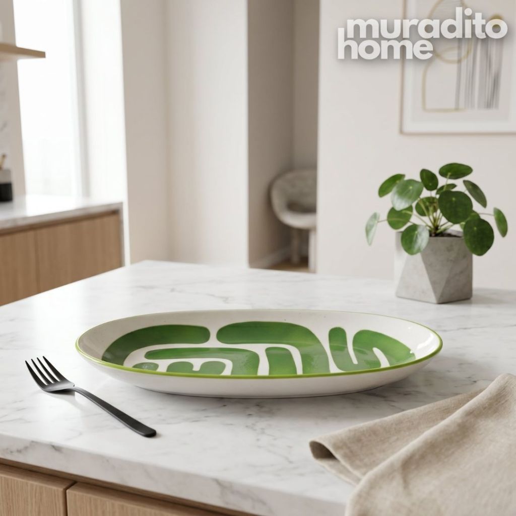 Muraditohome Boudoir Ceramic Deco Kitchenware Vibrant Abstract Cups, Serving Bowl & Oval Platter