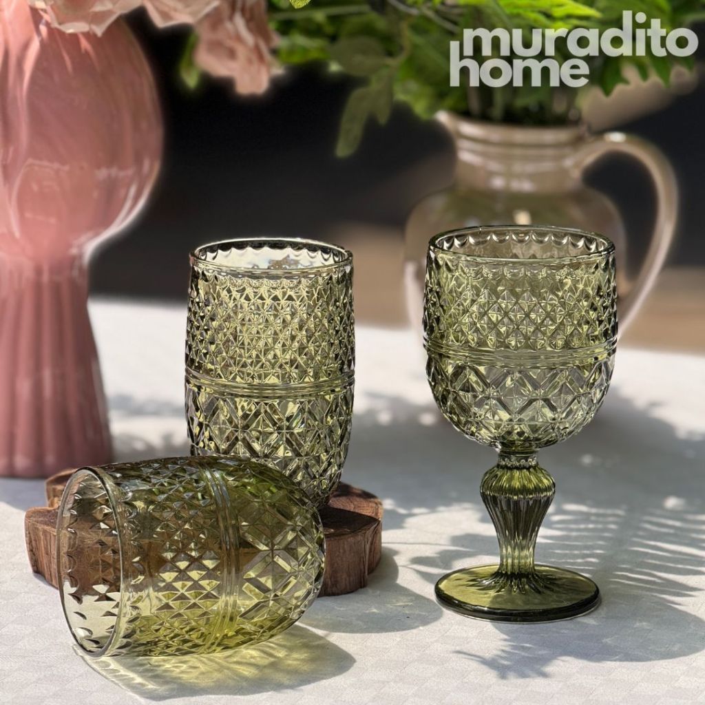 Muraditohome Asami Moss Vintage Glassware | Embossed Green Glass Goblet & Tumblers