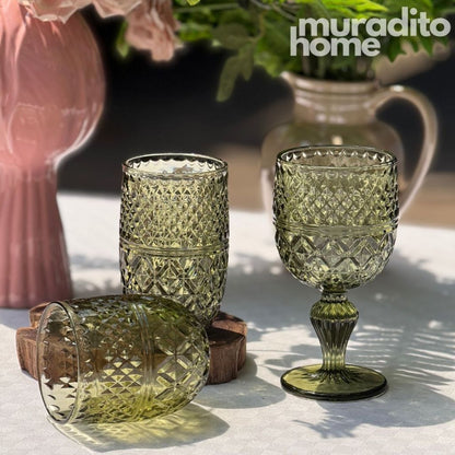 Muraditohome Asami Moss Vintage Glassware | Embossed Green Glass Goblet & Tumblers