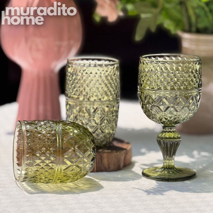 Muraditohome Asami Moss Vintage Glassware | Embossed Green Glass Goblet & Tumblers
