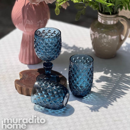Muraditohome Neytiri Blue Glassware Collection | Premium Vintage Embossed Ocean Blue Glass