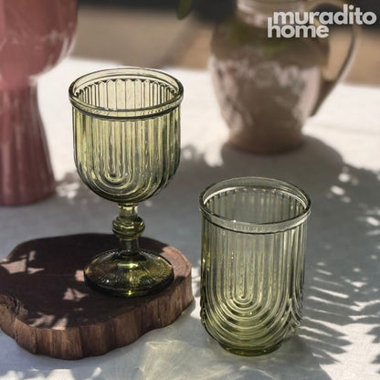Muraditohome Kayina Retro Green Glassware Collection | Premium Vintage Ribbed Art Deco Glass