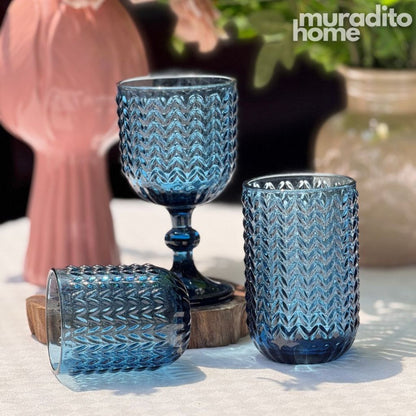 Muraditohome Zolai Blue Glassware Collection | Premium Vintage Wavy Chevron Blue Glass