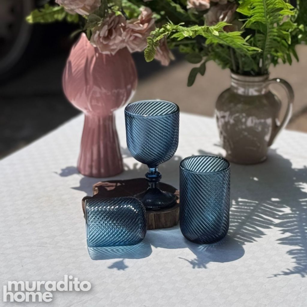 Muraditohome Venita Blue Glassware Collection | Premium Vintage Diagonal Swirl Ocean Blue Glass