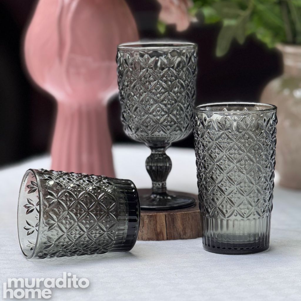 Muraditohome Jinora Ash Glassware Collection | Premium Vintage Embossed Floral Smoke Grey Glass