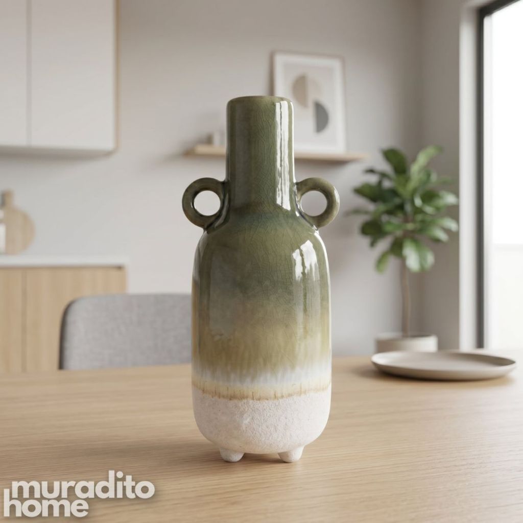 Muraditohome Aesthetic Ombre Ceramic Vase | Modern Boho Two-Handled Flower Vase Home Decor 4x9 inch