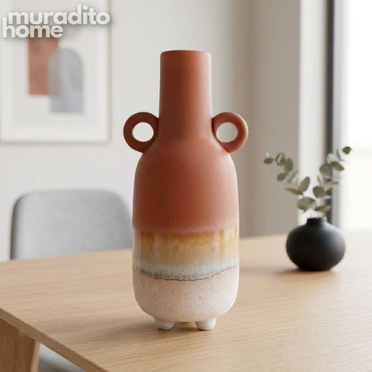 Muraditohome Aesthetic Ombre Ceramic Vase | Modern Boho Two-Handled Flower Vase Home Decor 4x9 inch