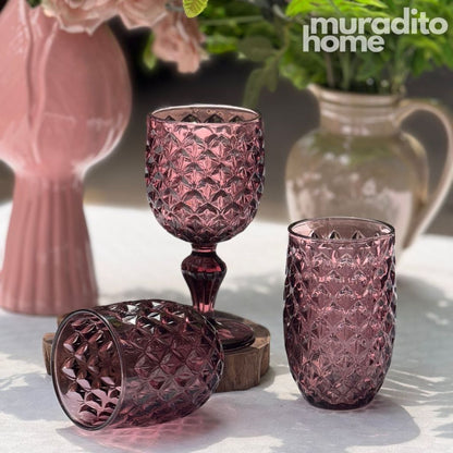 Muraditohome Neytiri Plum Glassware Collection | Premium Vintage Embossed Purple Glass