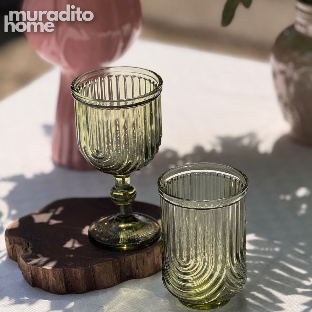 Muraditohome Kayina Retro Green Glassware Collection | Premium Vintage Ribbed Art Deco Glass