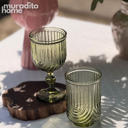 Muraditohome Kayina Retro Green Glassware Collection | Premium Vintage Ribbed Art Deco Glass