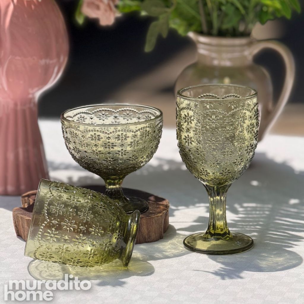 Muraditohome Iroh Moss Glassware Collection | Premium Vintage Embossed Floral Green Glass