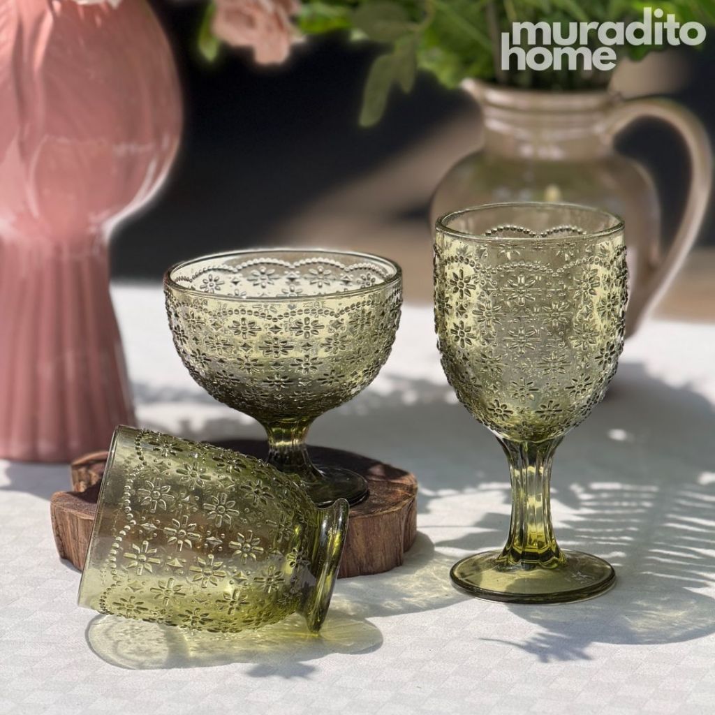 Muraditohome Iroh Moss Glassware Collection | Premium Vintage Embossed Floral Green Glass