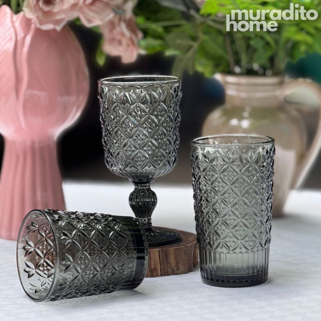 Muraditohome Jinora Ash Glassware Collection | Premium Vintage Embossed Floral Smoke Grey Glass
