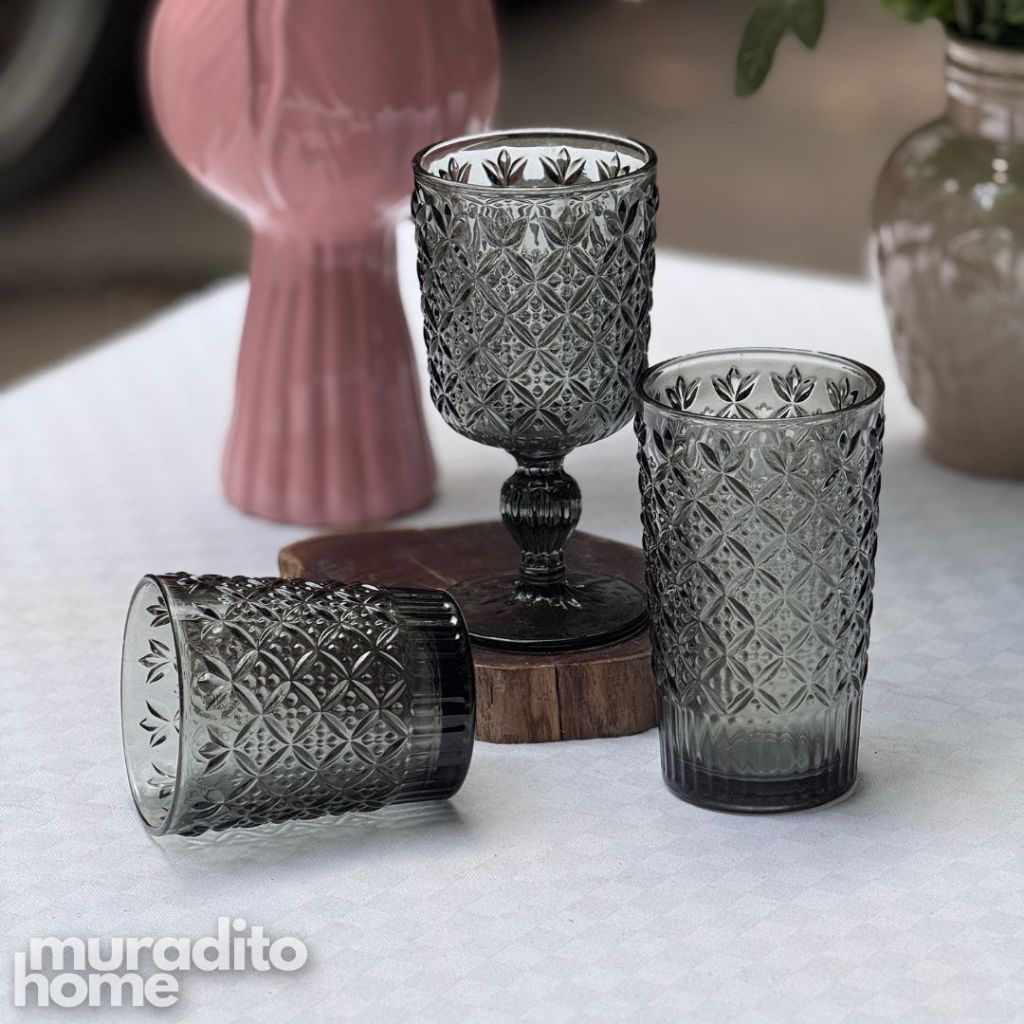 Muraditohome Jinora Ash Glassware Collection | Premium Vintage Embossed Floral Smoke Grey Glass