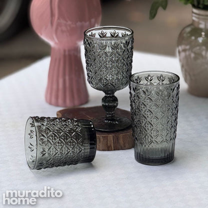 Muraditohome Jinora Ash Glassware Collection | Premium Vintage Embossed Floral Smoke Grey Glass