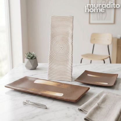 Muraditohome Japanese Zen Ceramic Serving Plate Square 8.75 in and Rectangular Sushi Platter 12x4 in